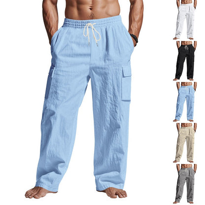Herren-Cargohose aus leichtem Leinen für alle vier Jahreszeiten, atmungsaktiv, mit mehreren Taschen, lockere Hose mit weitem Bein | MTGZ-9 