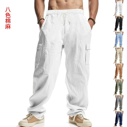 Herren-Cargohose aus leichtem Leinen für alle vier Jahreszeiten, atmungsaktiv, mit mehreren Taschen, lockere Hose mit weitem Bein | MTGZ-9 