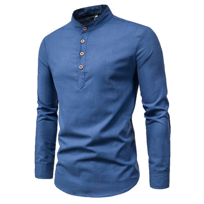 Herren Slim Fit Einfarbig Langarm Businesshemd Stehkragen Baumwolle &amp; Leinen Hemd | M301 