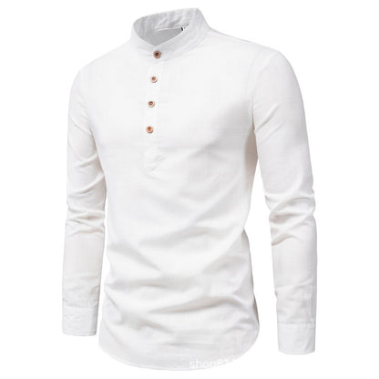 Herren Slim Fit Einfarbig Langarm Businesshemd Stehkragen Baumwolle &amp; Leinen Hemd | M301 