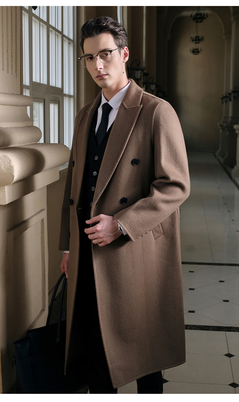 Gents Trench coat Premium Wool-Cotton Blend Peacoat Double-Breasted Mid-Length Overcoat Casual Oversized Lapel Coat