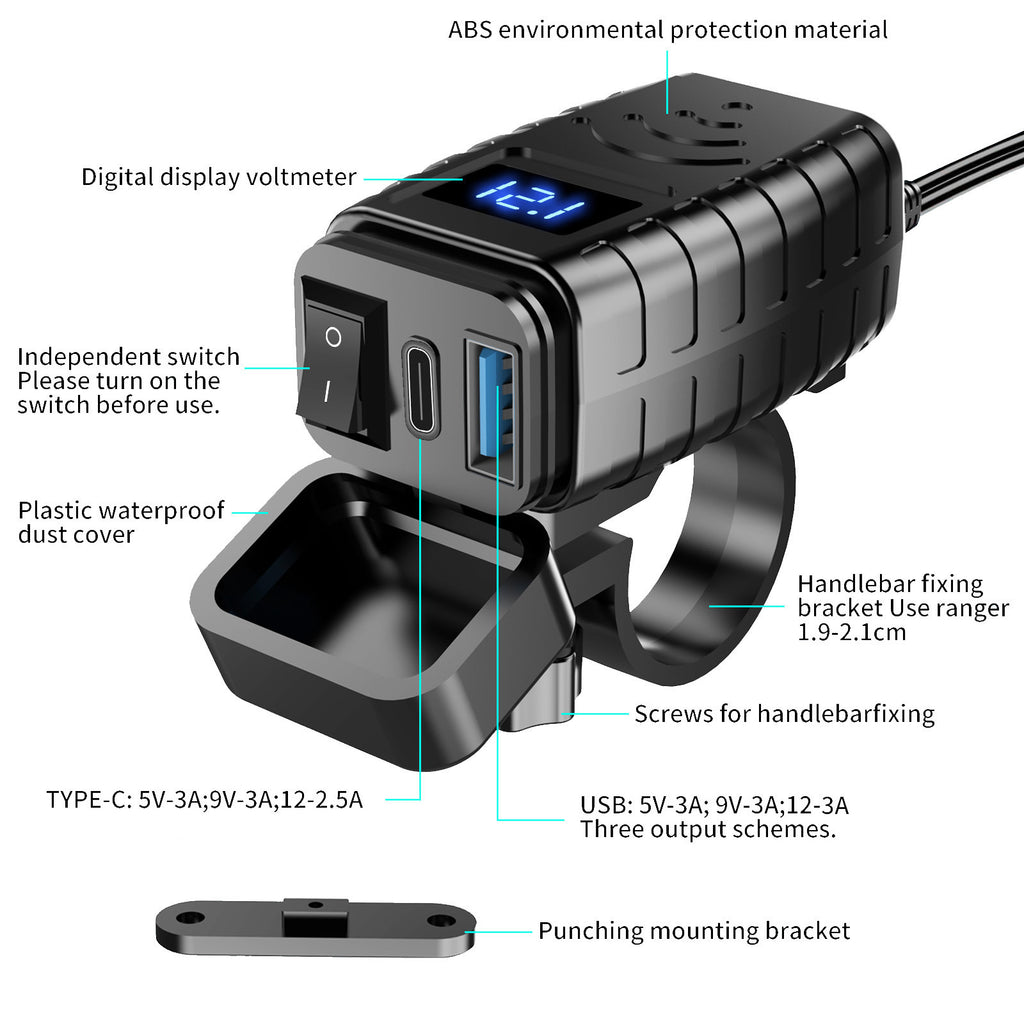 Motorcycle USB Charger with QC3.0 & PD3.0 Fast Charging | Digital Voltmeter & On/Off Switch for 12V-24V Vehicles | m12545