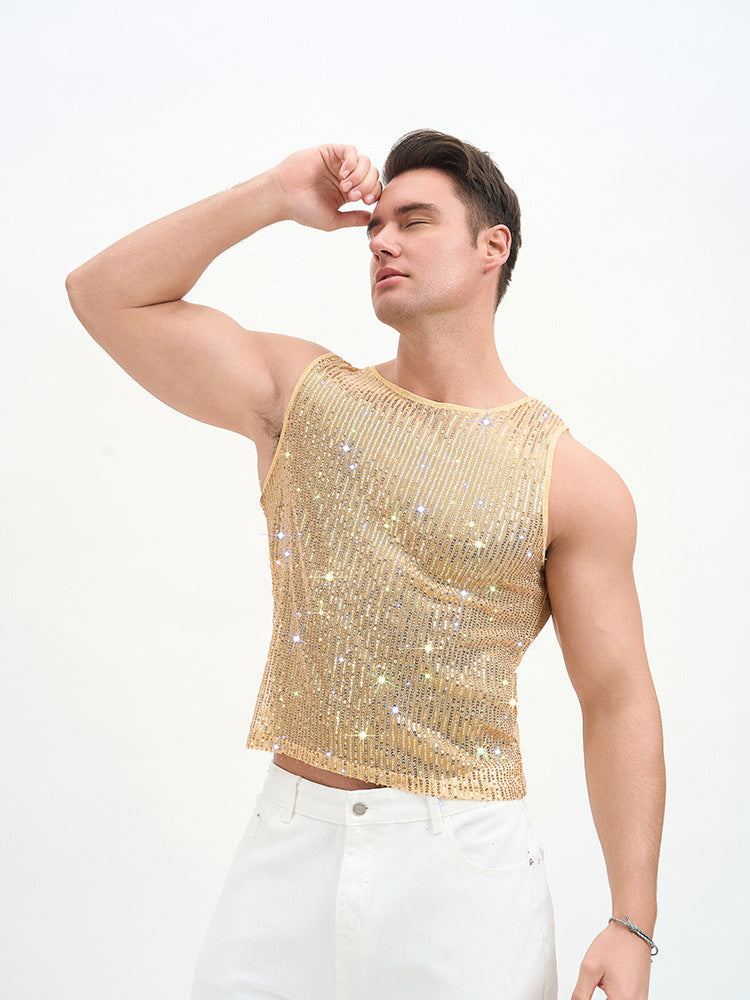 WINUU Men‘s Mesh Sequin Tank Top Rave Party Vest for Clubs & Music Festivals Shiny Glitter Muscle Tee Shirt