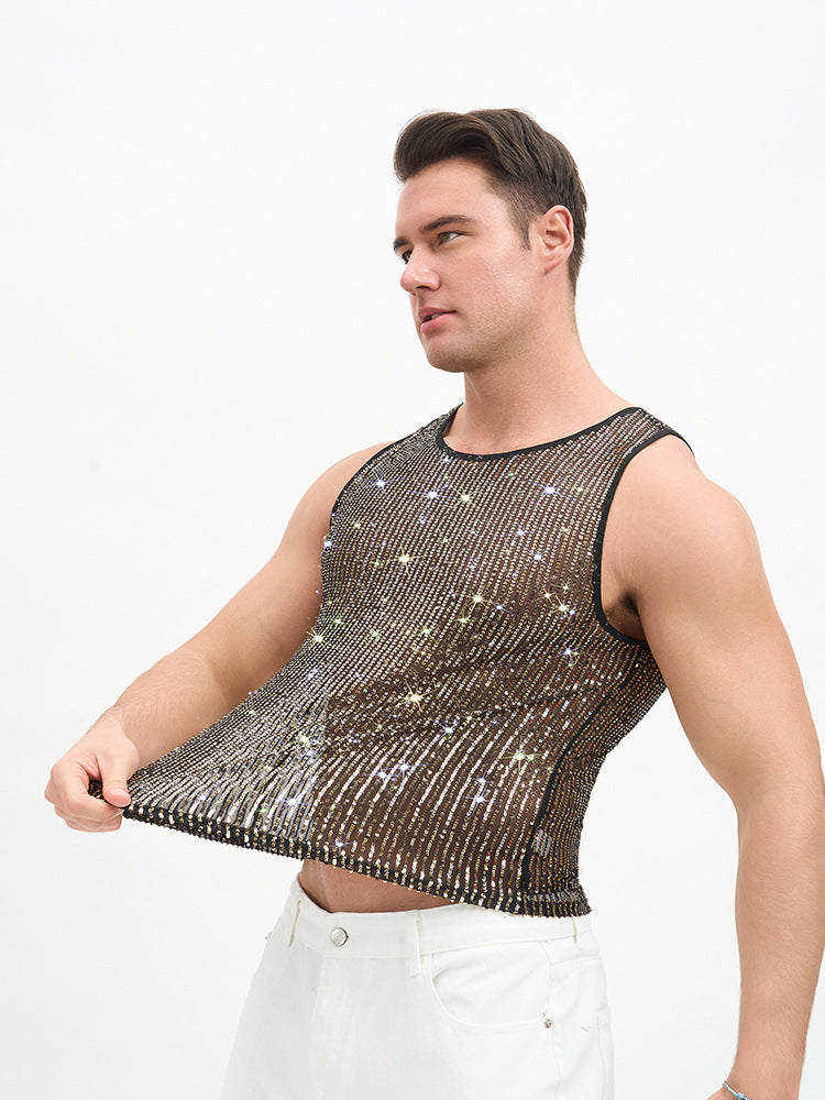 WINUU Men‘s Mesh Sequin Tank Top Rave Party Vest for Clubs & Music Festivals Shiny Glitter Muscle Tee Shirt