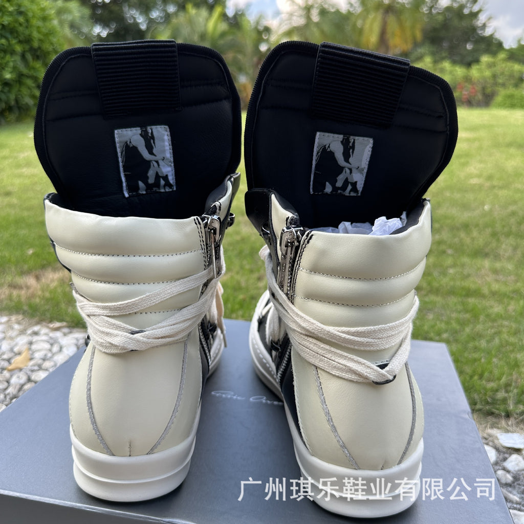 High-Top Genuine Leather Sneakers | Inverted Triangle & Pentagram Design | Unisex Thick-Sole Casual Board Shoes