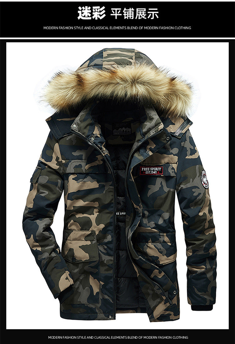 Vielseitige Camouflage-Militärjacke für Herren mit Fleecefutter, Pelzkapuze und mehreren Taschen 