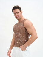WINUU Men‘s Mesh Sequin Tank Top Rave Party Vest for Clubs & Music Festivals Shiny Glitter Muscle Tee Shirt