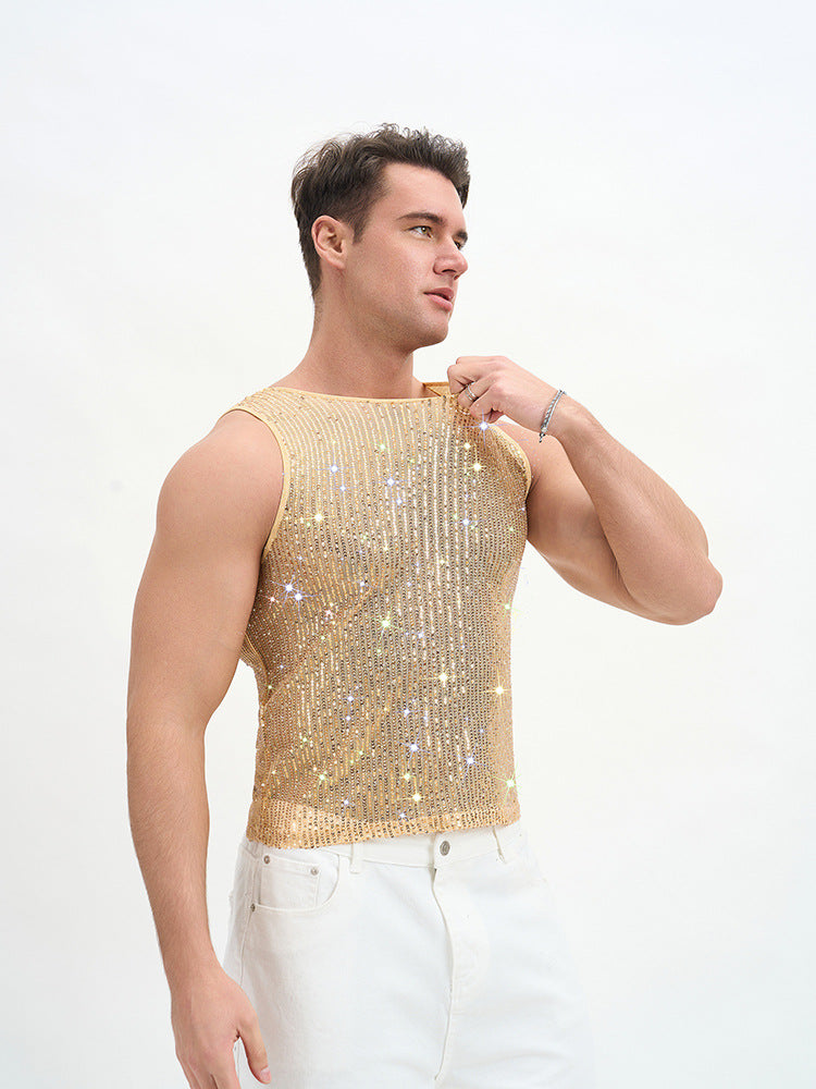 WINUU Men‘s Mesh Sequin Tank Top Rave Party Vest for Clubs & Music Festivals Shiny Glitter Muscle Tee Shirt