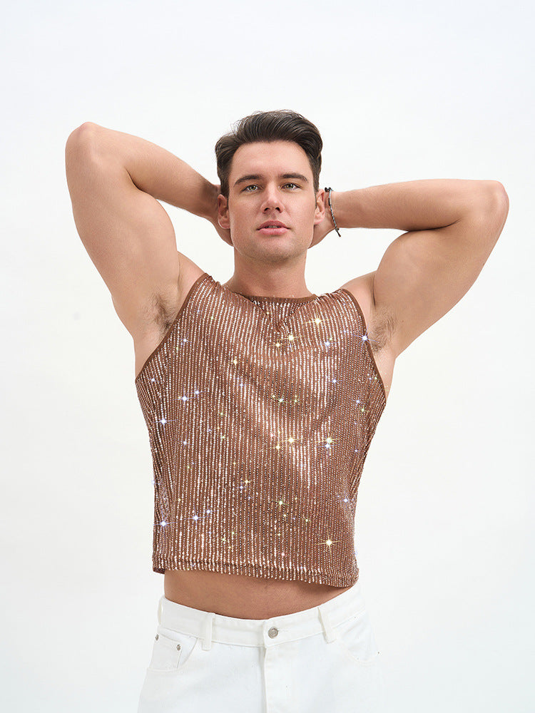 WINUU Men‘s Mesh Sequin Tank Top Rave Party Vest for Clubs & Music Festivals Shiny Glitter Muscle Tee Shirt