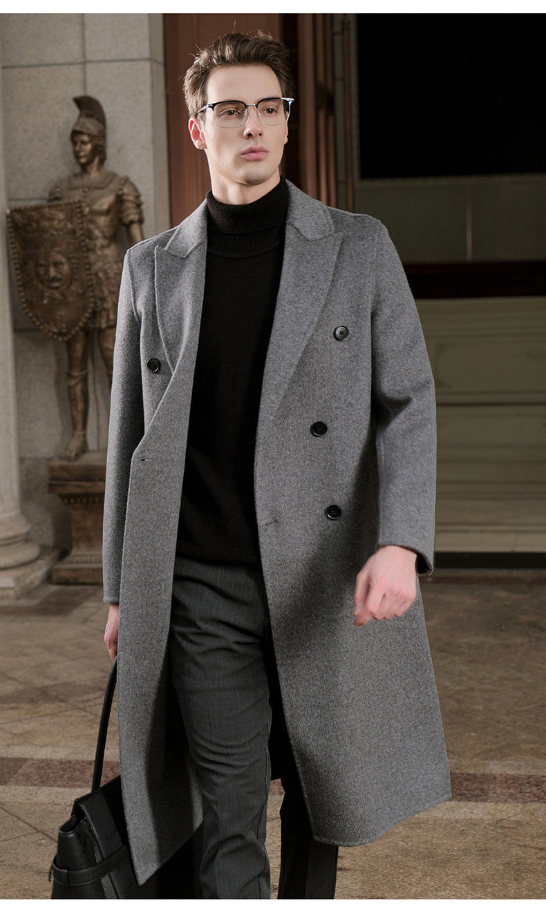 Gents Trench coat Premium Wool-Cotton Blend Peacoat Double-Breasted Mid-Length Overcoat Casual Oversized Lapel Coat