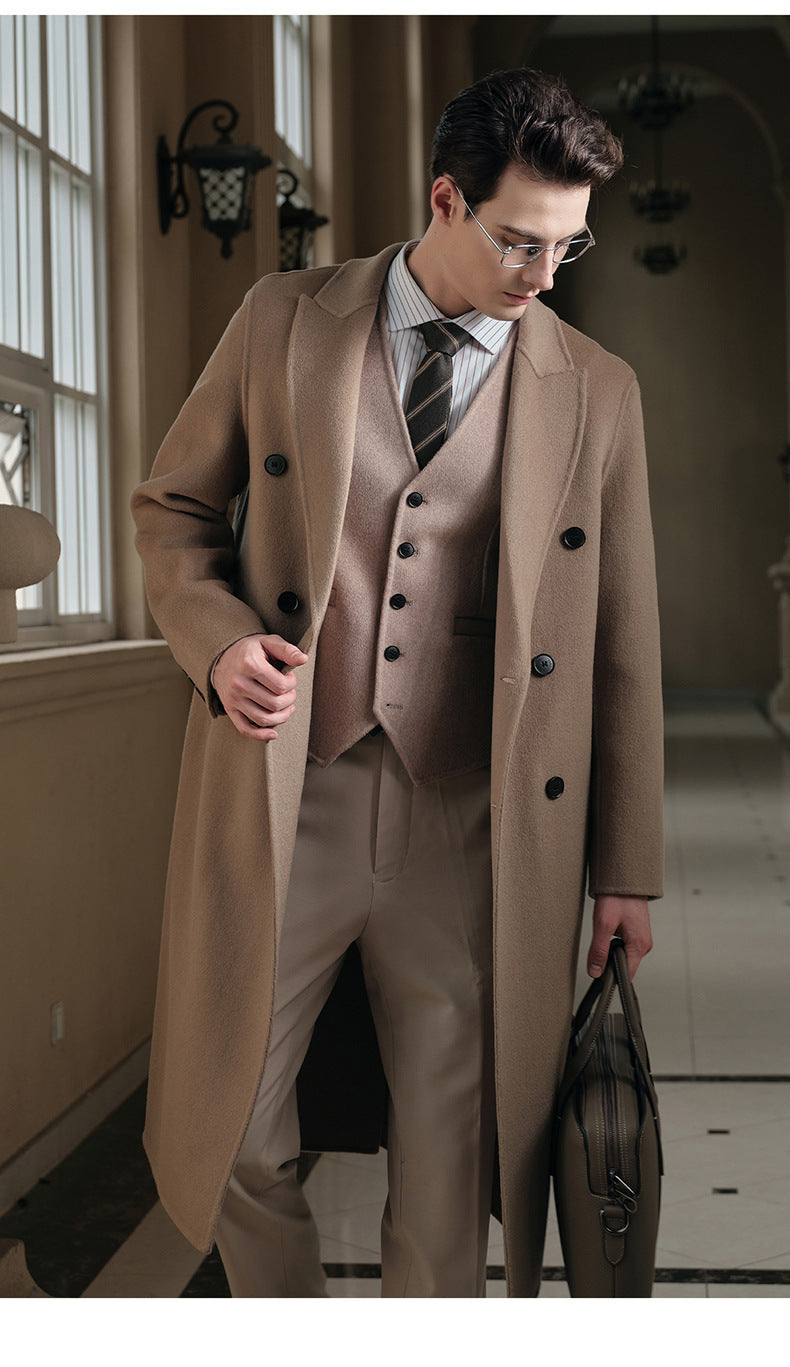 Gents Trench coat Premium Wool-Cotton Blend Peacoat Double-Breasted Mid-Length Overcoat Casual Oversized Lapel Coat