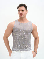 WINUU Men‘s Mesh Sequin Tank Top Rave Party Vest for Clubs & Music Festivals Shiny Glitter Muscle Tee Shirt