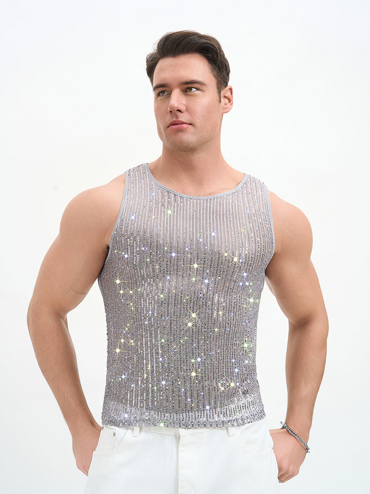 WINUU Men‘s Mesh Sequin Tank Top Rave Party Vest for Clubs & Music Festivals Shiny Glitter Muscle Tee Shirt