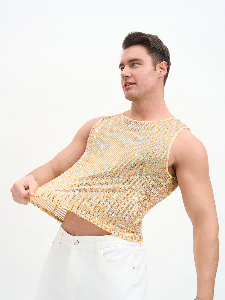 WINUU Men‘s Mesh Sequin Tank Top Rave Party Vest for Clubs & Music Festivals Shiny Glitter Muscle Tee Shirt