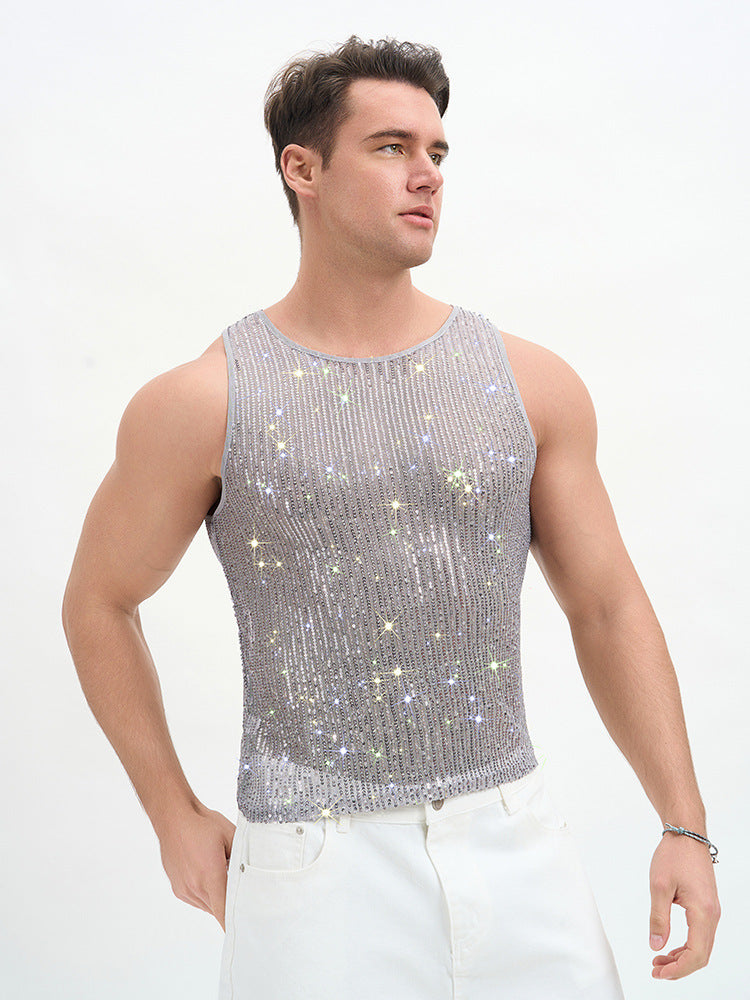 WINUU Men‘s Mesh Sequin Tank Top Rave Party Vest for Clubs & Music Festivals Shiny Glitter Muscle Tee Shirt
