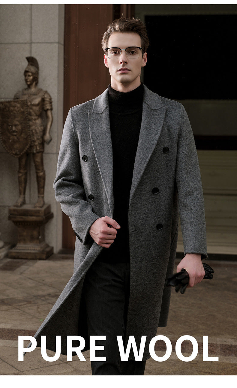 Gents Trench coat Premium Wool-Cotton Blend Peacoat Double-Breasted Mid-Length Overcoat Casual Oversized Lapel Coat