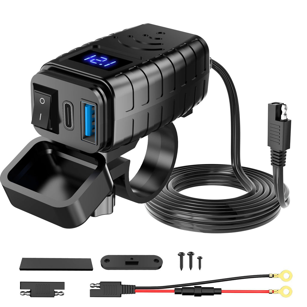 Motorcycle USB Charger with QC3.0 & PD3.0 Fast Charging | Digital Voltmeter & On/Off Switch for 12V-24V Vehicles | m12545