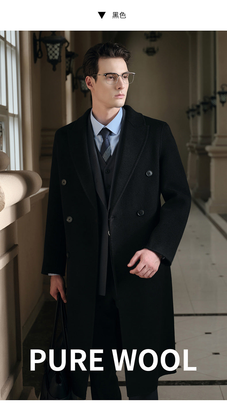 Gents Trench coat Premium Wool-Cotton Blend Peacoat Double-Breasted Mid-Length Overcoat Casual Oversized Lapel Coat