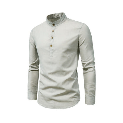 Herren Slim Fit Einfarbig Langarm Businesshemd Stehkragen Baumwolle &amp; Leinen Hemd | M301 