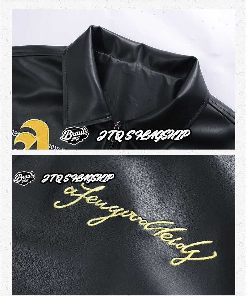 F1 Racing Style Embroidered PU Leather Jacket | Unisex Fleece-Lined Moto Coat | Vintage American Workwear Outerwear