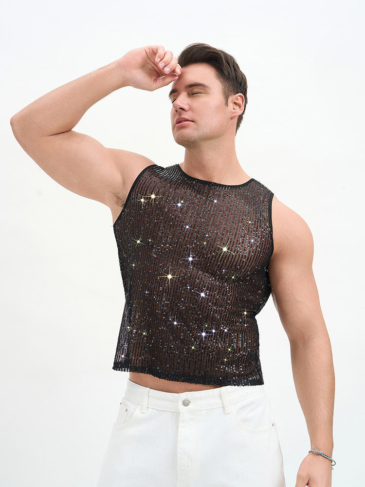 WINUU Men‘s Mesh Sequin Tank Top Rave Party Vest for Clubs & Music Festivals Shiny Glitter Muscle Tee Shirt