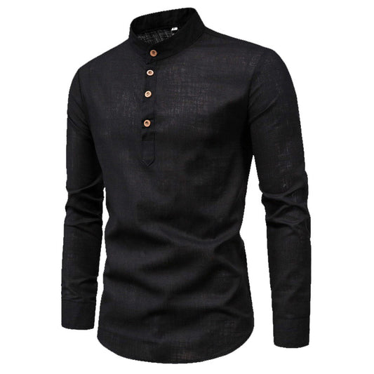 Herren Slim Fit Einfarbig Langarm Businesshemd Stehkragen Baumwolle &amp; Leinen Hemd | M301 