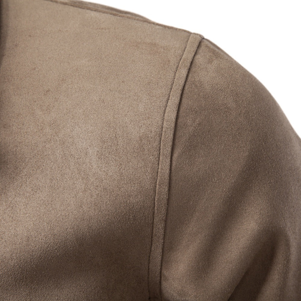 Men's Suede-Look Fleece Jacket | 2026 Winter Business Casual Zip-Up Coat | Khaki Stand Collar Outerwear | JK5022