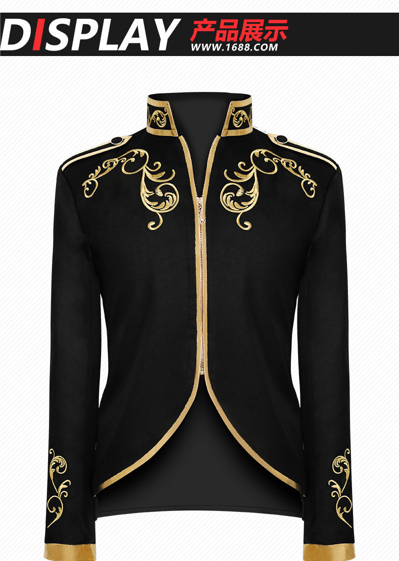 Medieval Royal Prince Jacket | Gold Embroidered Stand Collar Coat | Halloween Noble Cosplay Costume for Men & Women