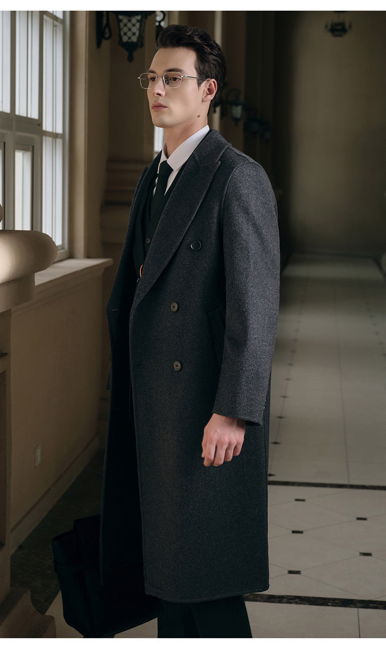 Gents Trench coat Premium Wool-Cotton Blend Peacoat Double-Breasted Mid-Length Overcoat Casual Oversized Lapel Coat