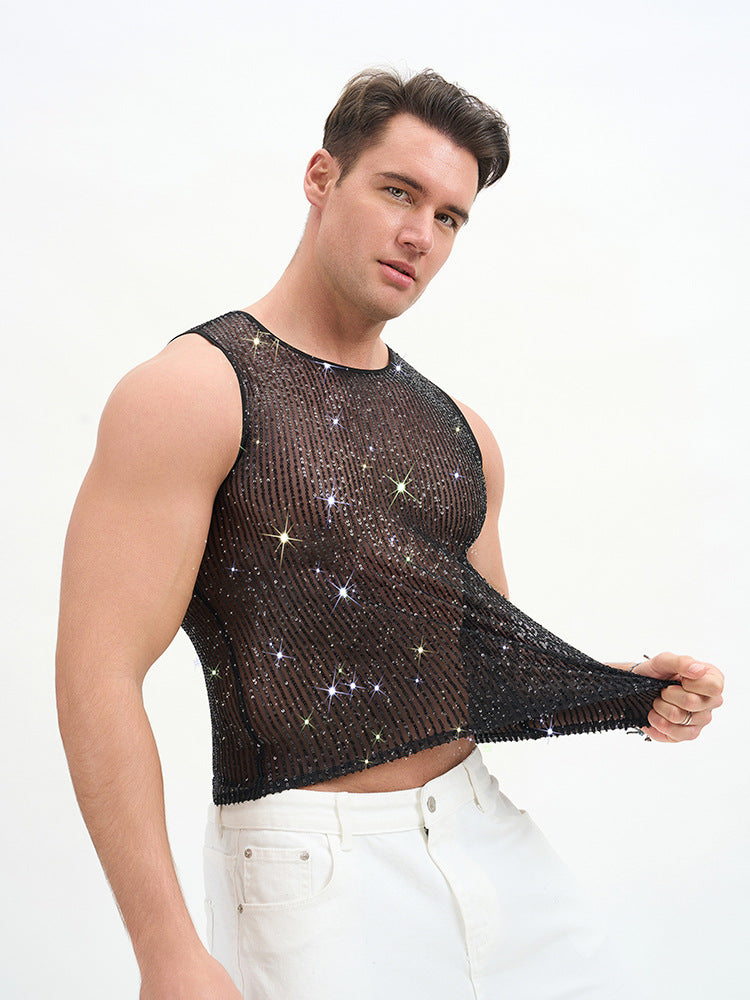 WINUU Men‘s Mesh Sequin Tank Top Rave Party Vest for Clubs & Music Festivals Shiny Glitter Muscle Tee Shirt