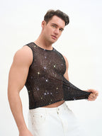 WINUU Men‘s Mesh Sequin Tank Top Rave Party Vest for Clubs & Music Festivals Shiny Glitter Muscle Tee Shirt