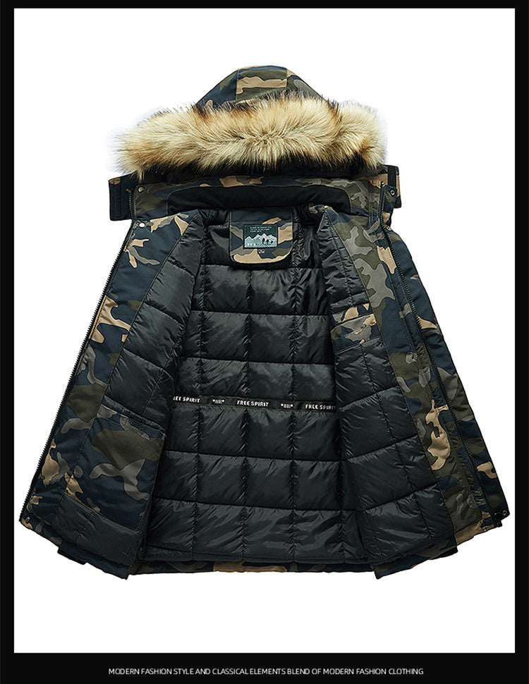 Vielseitige Camouflage-Militärjacke für Herren mit Fleecefutter, Pelzkapuze und mehreren Taschen 