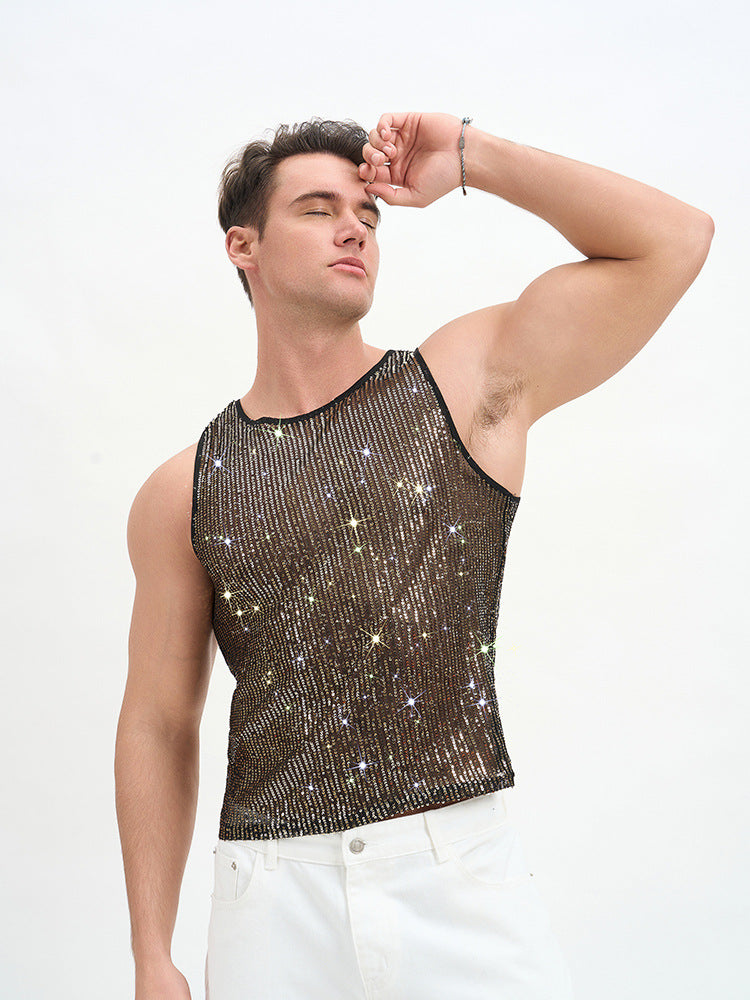 WINUU Men‘s Mesh Sequin Tank Top Rave Party Vest for Clubs & Music Festivals Shiny Glitter Muscle Tee Shirt