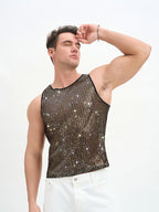 WINUU Men‘s Mesh Sequin Tank Top Rave Party Vest for Clubs & Music Festivals Shiny Glitter Muscle Tee Shirt