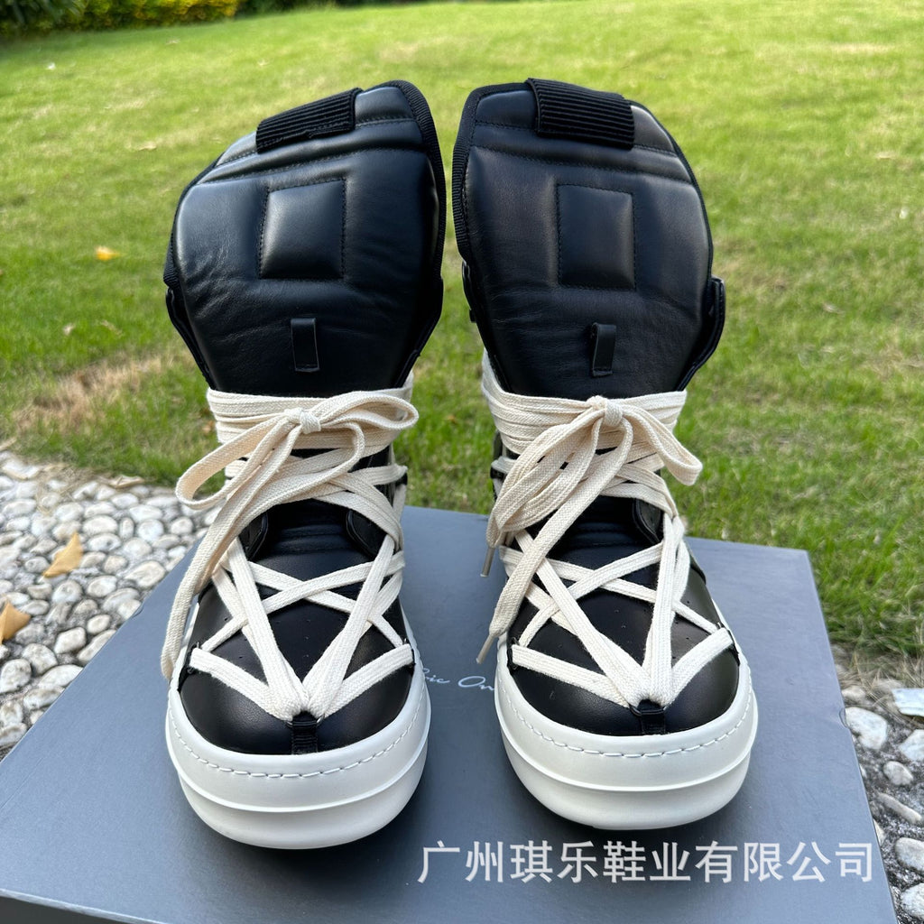 High-Top Genuine Leather Sneakers | Inverted Triangle & Pentagram Design | Unisex Thick-Sole Casual Board Shoes
