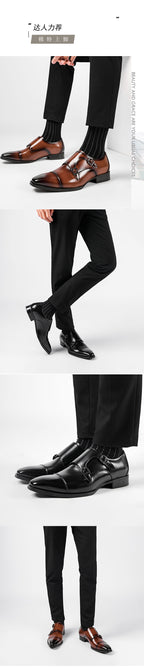 Men's Double Monk Strap Dress Shoes | Genuine Leather Business Oxfords with Height Boost | Square Toe Formal Footwear | HK5009-2