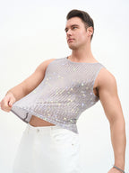 WINUU Men‘s Mesh Sequin Tank Top Rave Party Vest for Clubs & Music Festivals Shiny Glitter Muscle Tee Shirt