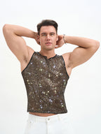 WINUU Men‘s Mesh Sequin Tank Top Rave Party Vest for Clubs & Music Festivals Shiny Glitter Muscle Tee Shirt