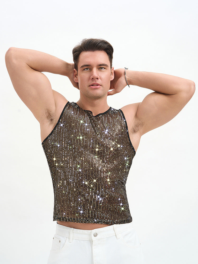 WINUU Men‘s Mesh Sequin Tank Top Rave Party Vest for Clubs & Music Festivals Shiny Glitter Muscle Tee Shirt