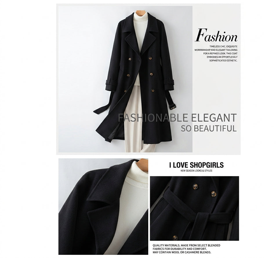 100% Wool Long Trench Coat with Belt | Men’s Knee-Length Double-Faced Wool Overcoat | Premium Winter Outerwear Trench coat