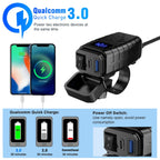 Motorcycle USB Charger with QC3.0 & PD3.0 Fast Charging | Digital Voltmeter & On/Off Switch for 12V-24V Vehicles | m12545