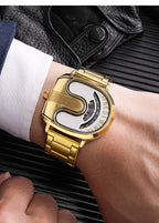BESTWIN Men‘s Gold U-Shape Digital Chronograph Watch | Fashion Oval Dress Timepiece with Stainless Steel Bracelet | 988