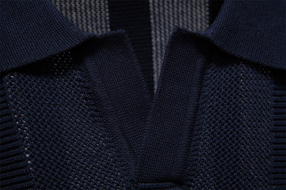 Herren-Poloshirt aus gestreiftem Strick mit Mesh-Einsätzen – 2025 Sommer Slim-Fit Streetwear-Top | PSD8042 