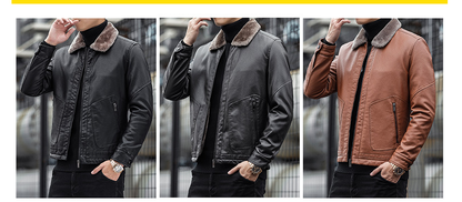 Men's PU Leather Jacket Coats High Quality Business Fur Collar Leather Bomber Warm Jacket | 2053