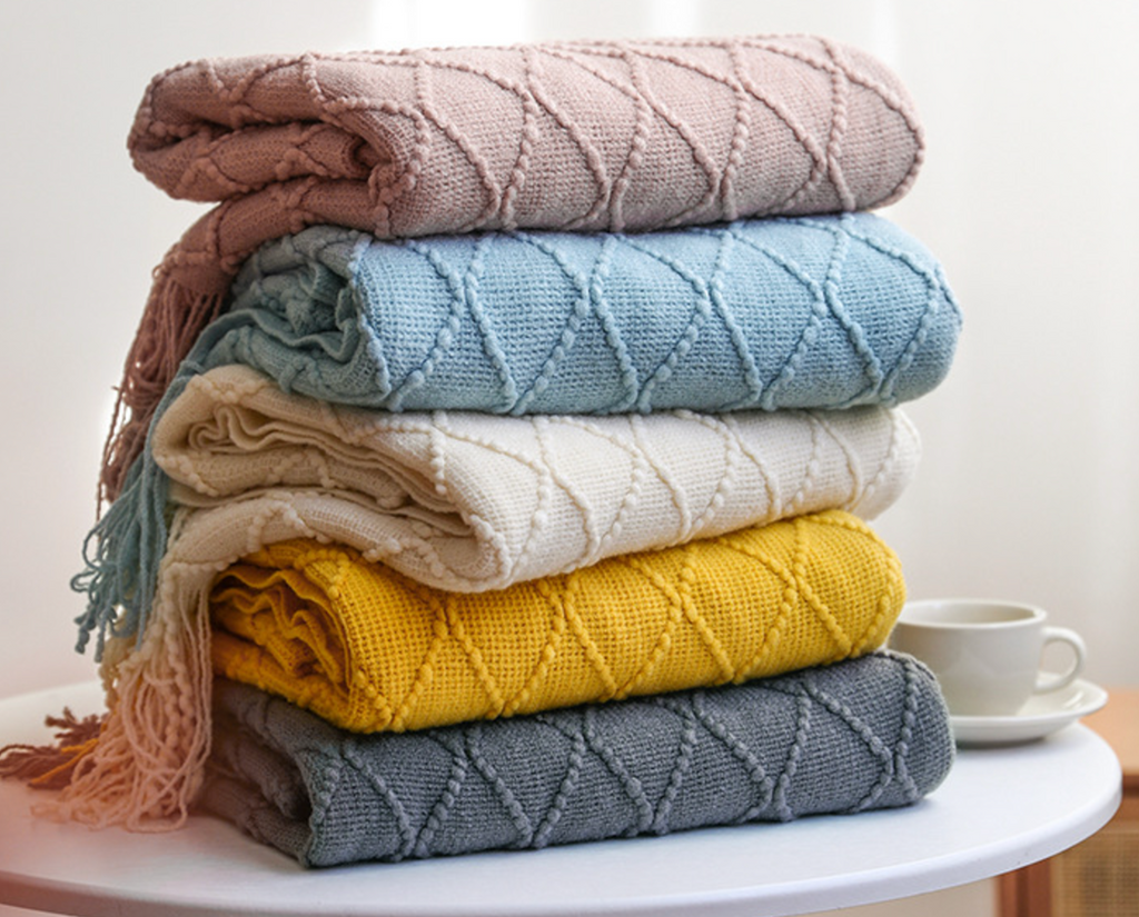 Gemütliche Strickdecke mit Quasten, leichtes, atmungsaktives Acryl für Sofa- und Reisekomfort | YENLN06 