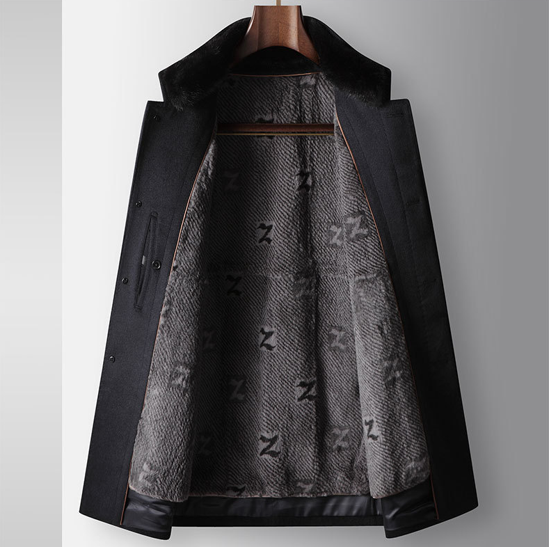 Benji Men's Wool Blend Overcoat with Detachable Rabbit Fur Lining | Winter Business Casual Topcoat for Men | Thick Mid-Length Wool Jacket| SDN682