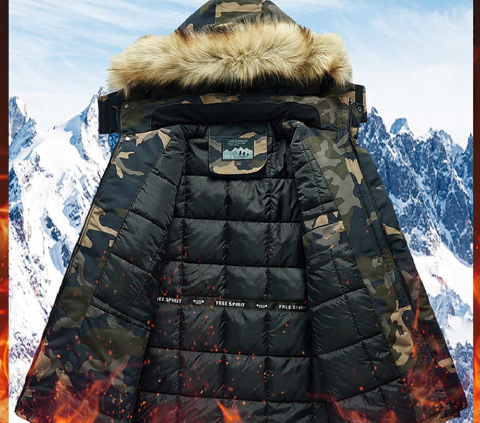 Vielseitige Camouflage-Militärjacke für Herren mit Fleecefutter, Pelzkapuze und mehreren Taschen 