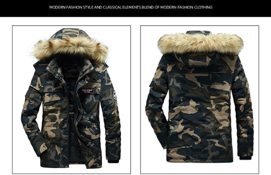Vielseitige Camouflage-Militärjacke für Herren mit Fleecefutter, Pelzkapuze und mehreren Taschen 