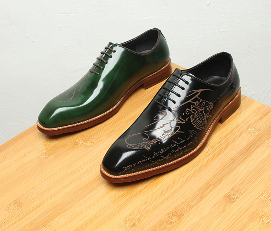 NIUPILI Men‘s Letter Carved Brogue Dress Shoes | Square Toe Patent Leather Business Footwear | Formal Party Oxfords | N68-1