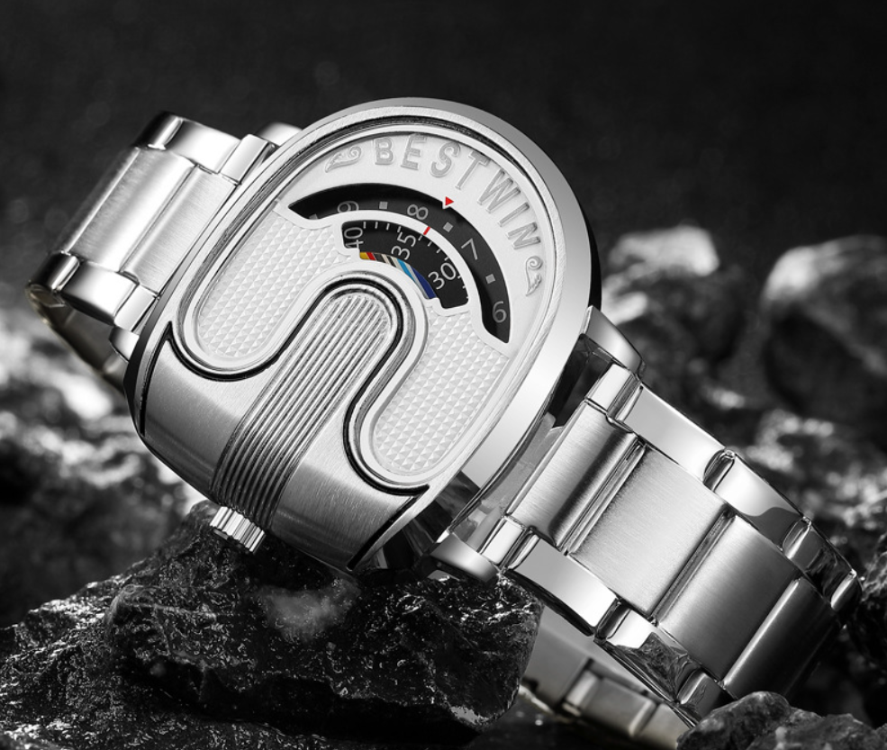 BESTWIN Men‘s Gold U-Shape Digital Chronograph Watch | Fashion Oval Dress Timepiece with Stainless Steel Bracelet | 988